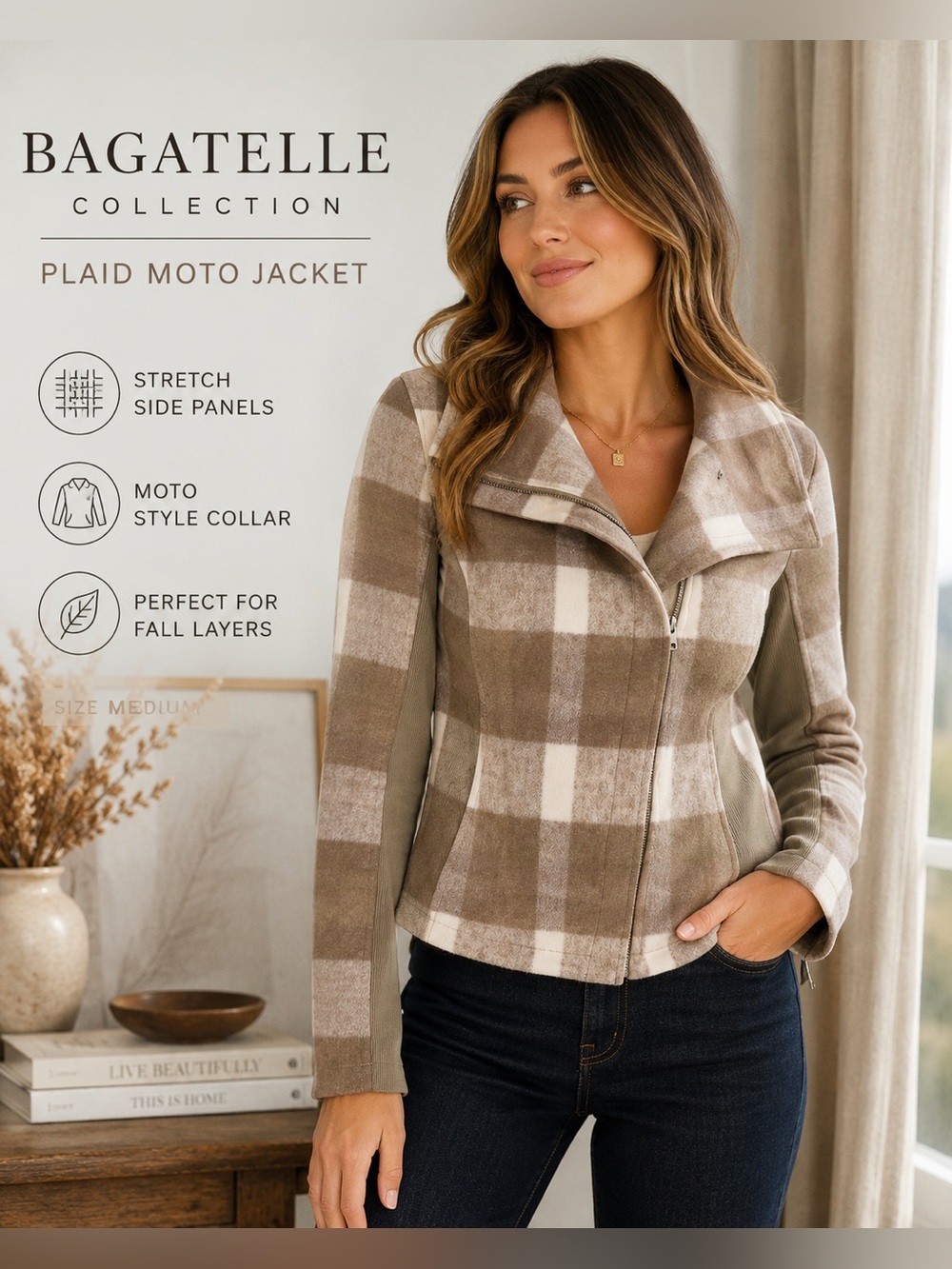 Bagatelle Collection Taupe Plaid Moto Jacket | Size Medium | Stretch Panels